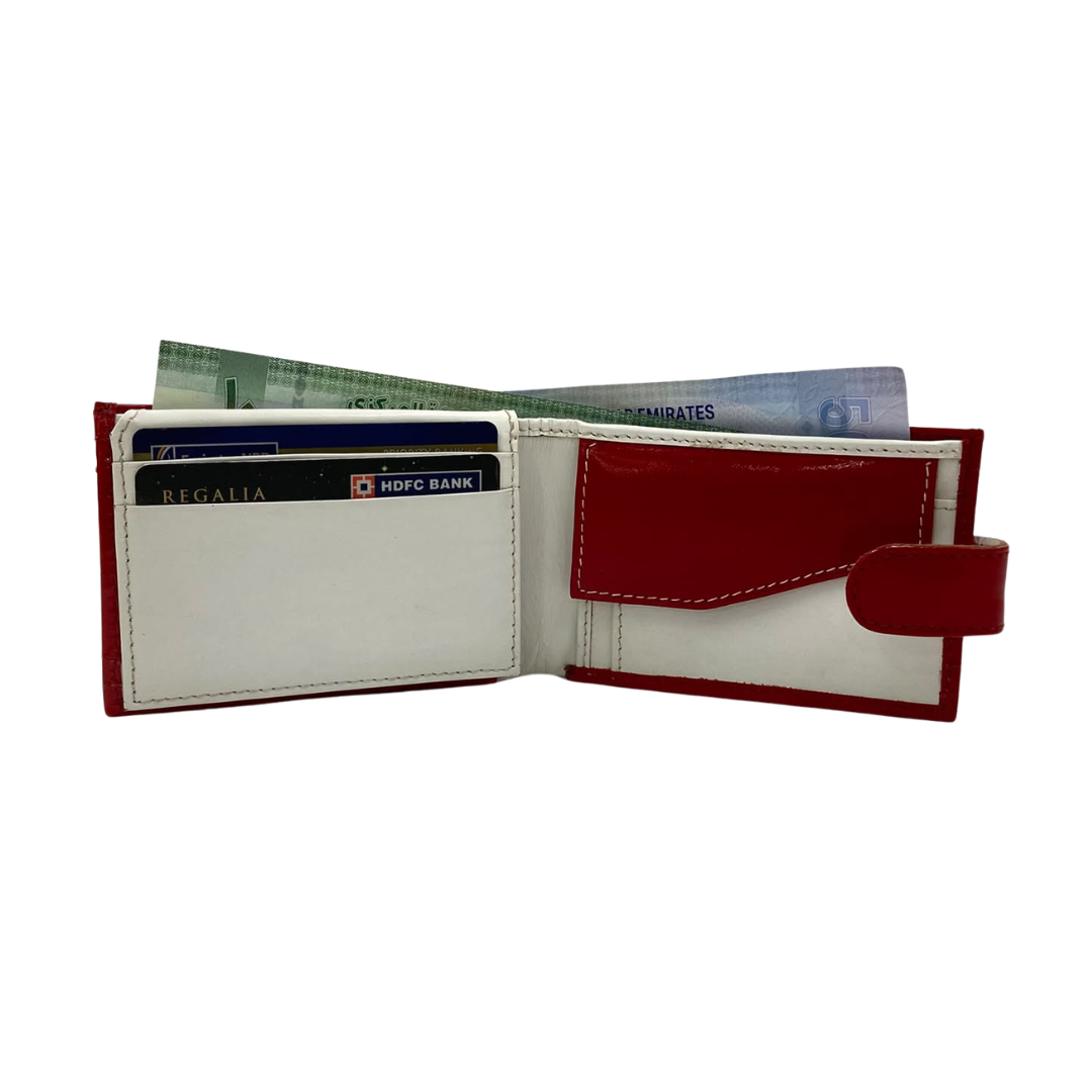 Men's Waterproof Bifold Leather Wallet with ID Window & Card Slots (White & Red Edition) #1020CL [D.L.]