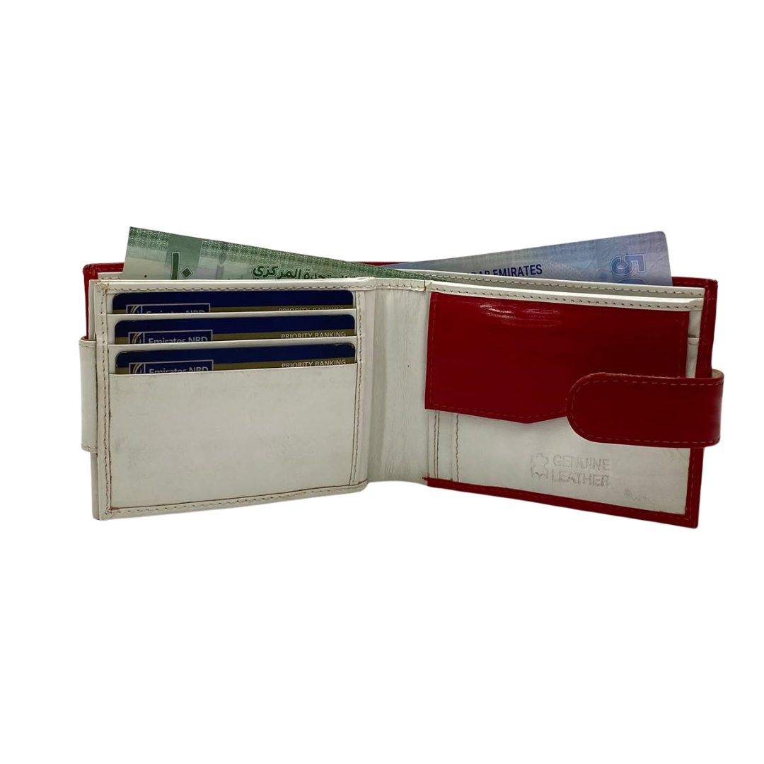 Men's Waterproof Bifold Leather Wallet with ID Window & Card Slots (White & Red Edition) #1887CL [C.L.]