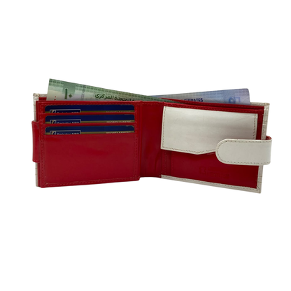 Men's Waterproof Bifold Leather Wallet with ID Window & Card Slots (White & Red Edition) #1887CL [D.L.]