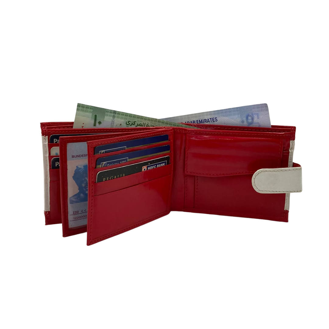Men's Waterproof Bifold Leather Wallet with ID Window & Card Slots (White & Red Edition) #983CL [PATTI]