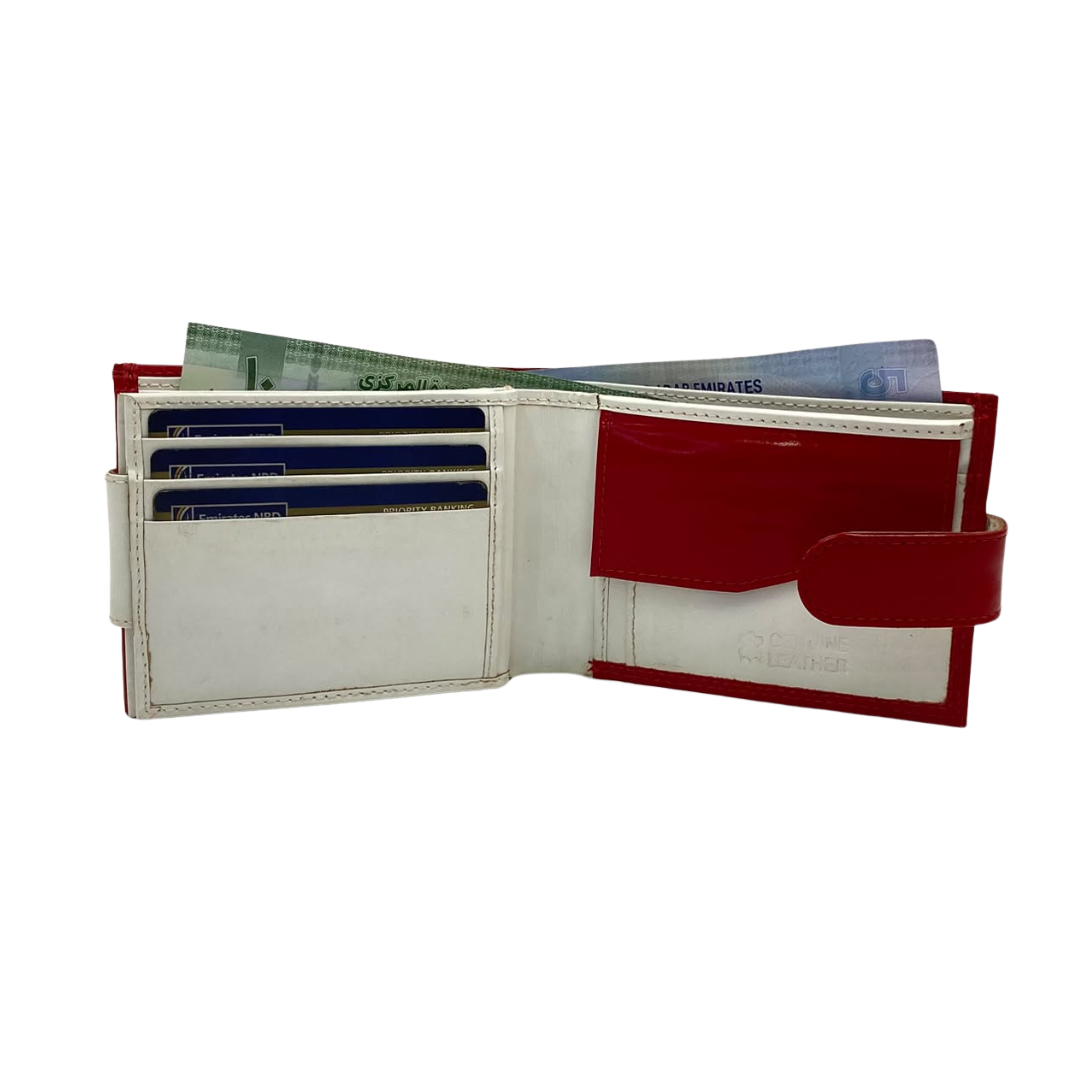Men's Waterproof Bifold Leather Wallet with ID Window & Card Slots (White & Red Edition) #1887CL [PLAIN]