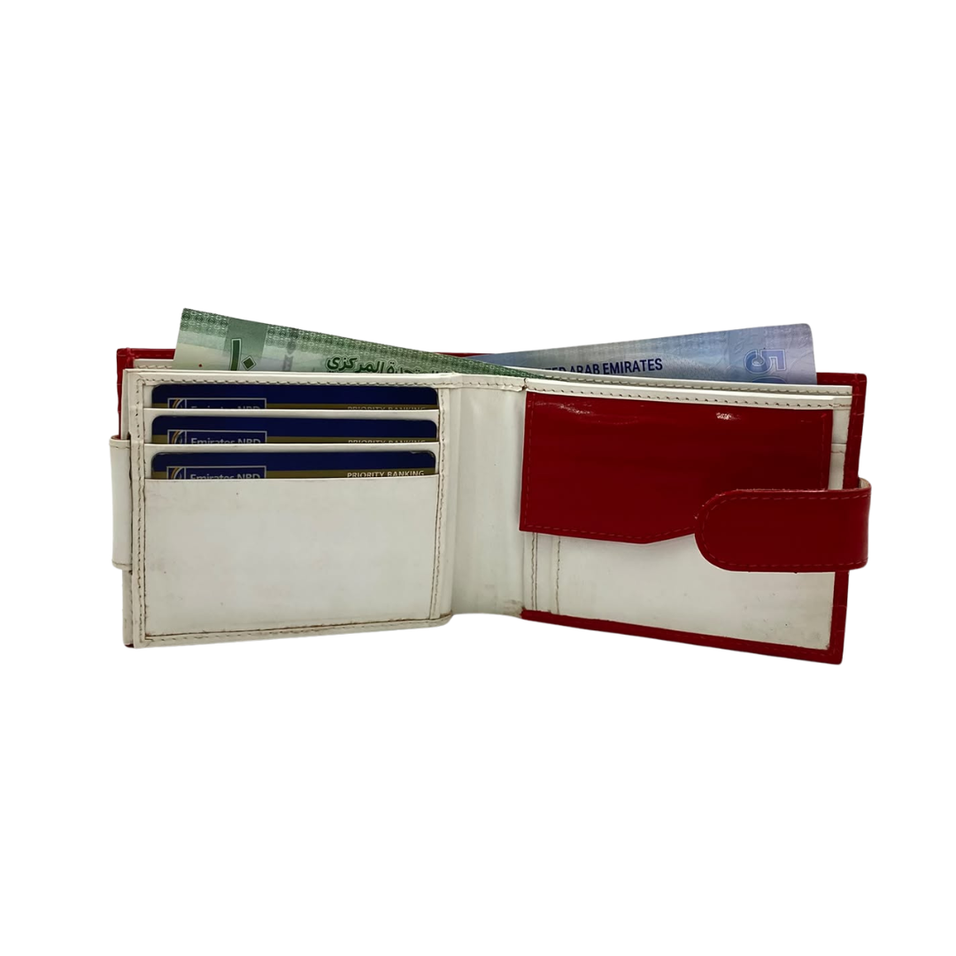 Men's Waterproof Bifold Leather Wallet with ID Window & Card Slots (White & Red Edition) #1887CL [D.L.]