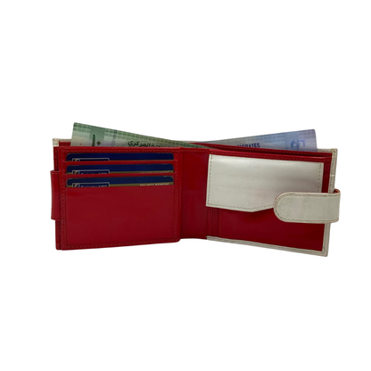 Men's Waterproof Bifold Leather Wallet with ID Window & Card Slots (White & Red Edition) #1887CL [C.L.]