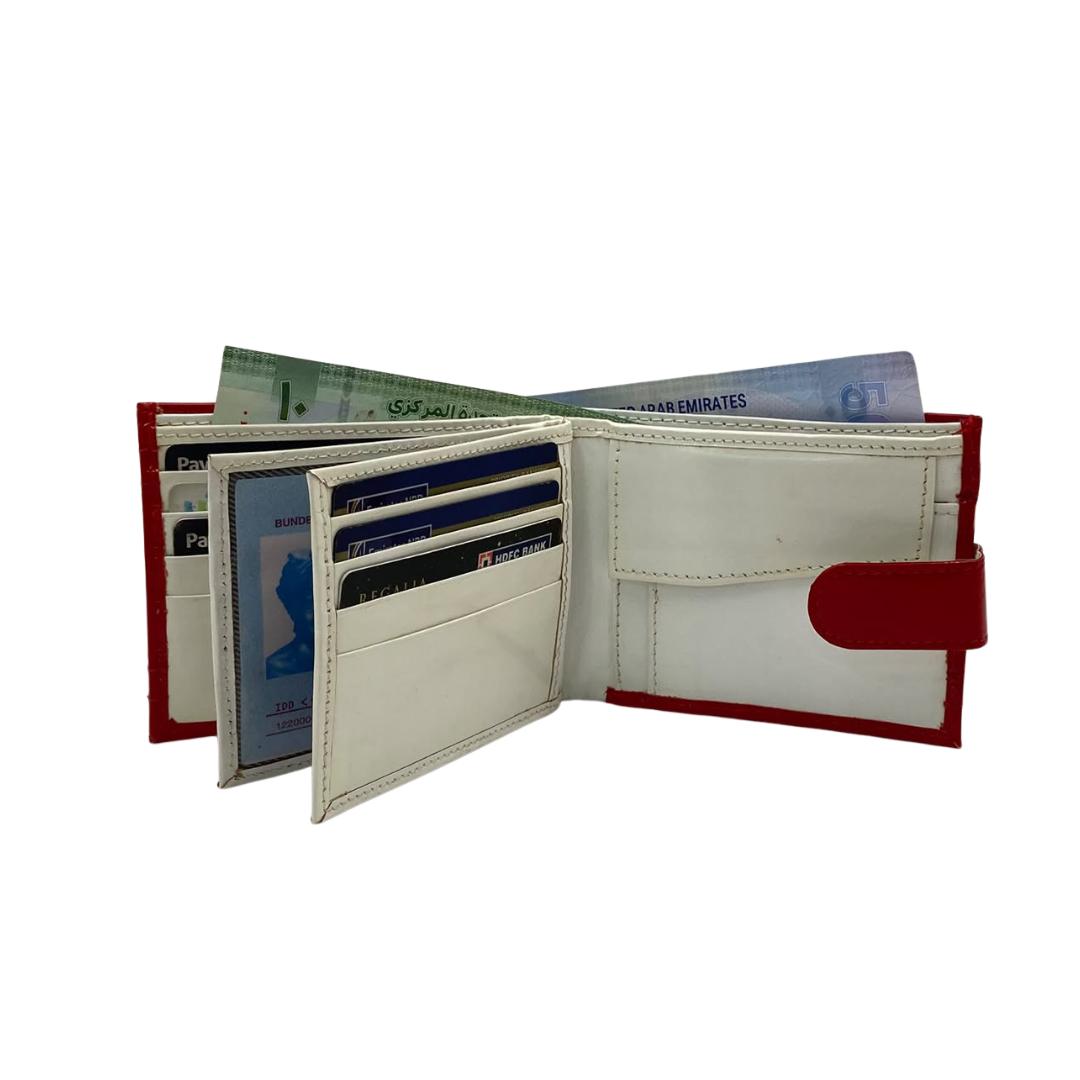 Men's Waterproof Bifold Leather Wallet with ID Window & Card Slots (White & Red Edition) #983CL [D.L.]