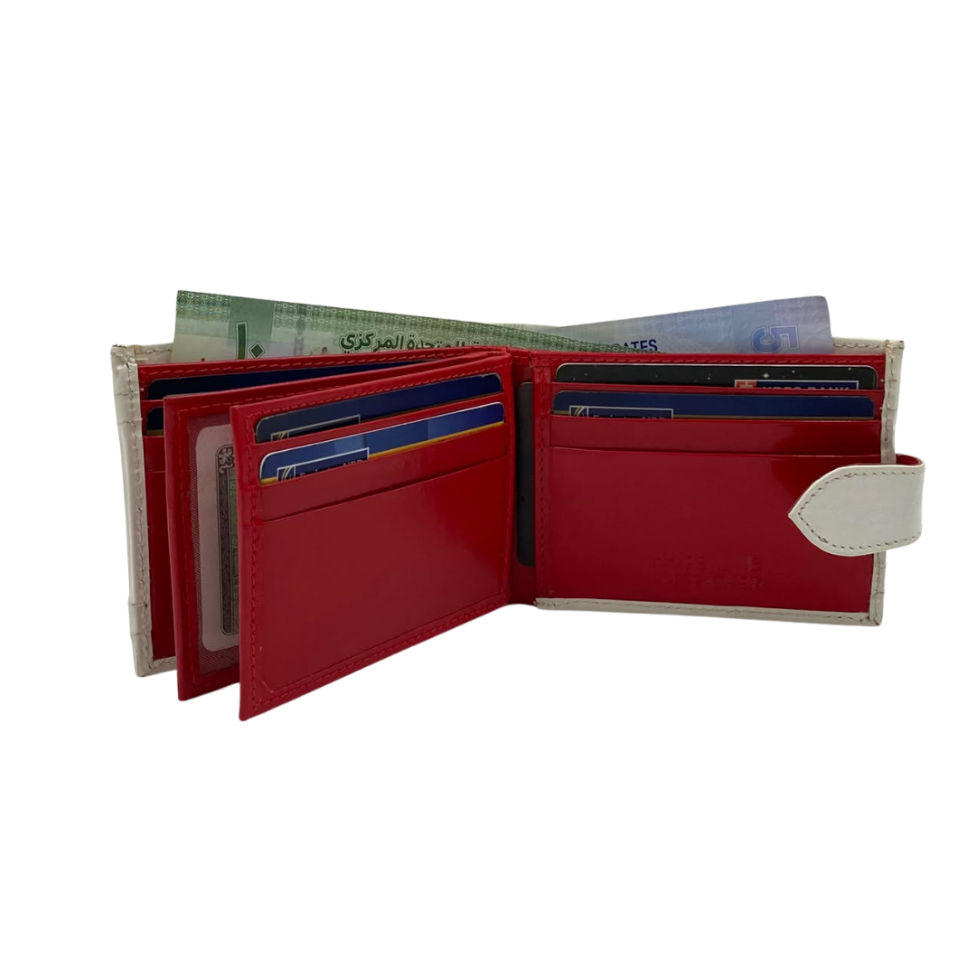 Men's Waterproof Bifold Leather Wallet with ID Window & Card Slots (White & Red Edition) #892AL [D.L.]