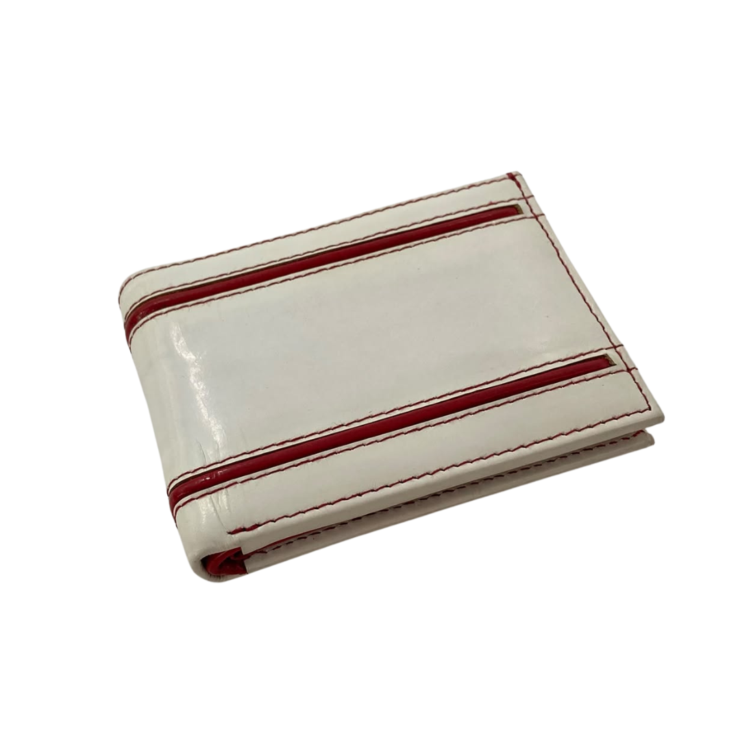 Men's Waterproof Bifold Leather Wallet with ID Window & Card Slots (White & Red Edition) #1728 [D.L.]