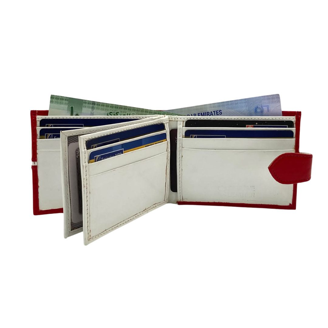 Men's Waterproof Bifold Leather Wallet with ID Window & Card Slots (White & Red Edition) #892AL [C.L.]