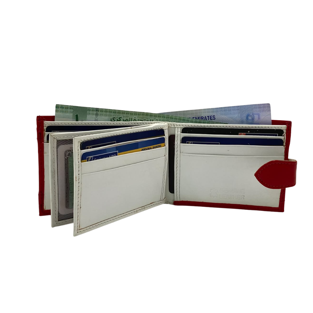 Men's Waterproof Bifold Leather Wallet with ID Window & Card Slots (White & Red Edition) #892AL [D.L.]
