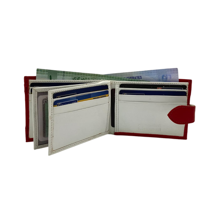 Men's Waterproof Bifold Leather Wallet with ID Window & Card Slots (White & Red Edition) #892AL [D.L.]