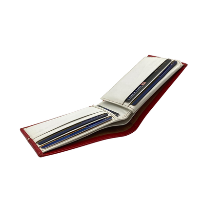 Men's Waterproof Bifold Leather Wallet with ID Window & Card Slots (White & Red Edition) #1020B [C.L.]