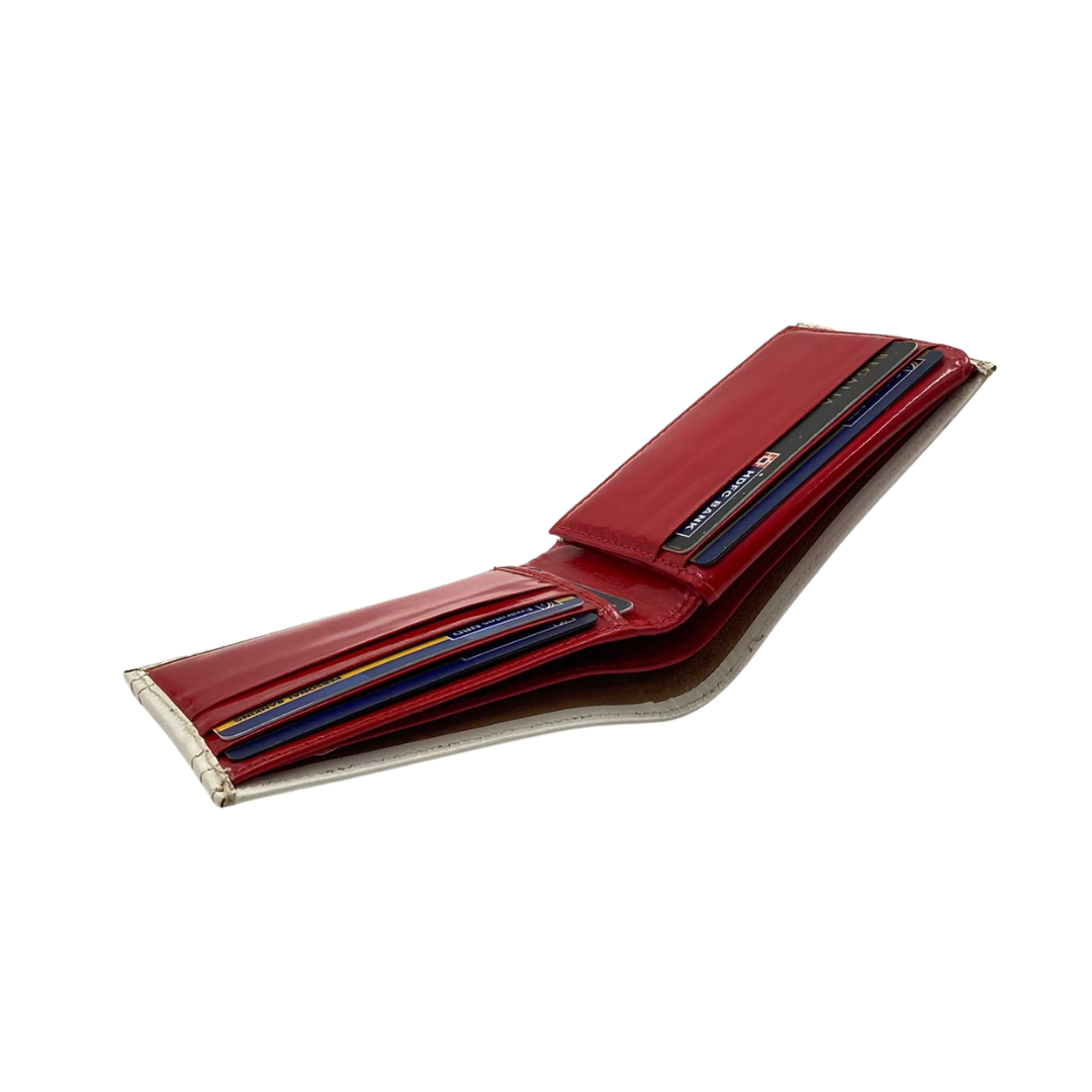 Men's Waterproof Bifold Leather Wallet with ID Window & Card Slots (White & Red Edition) #1020B [D.L.]