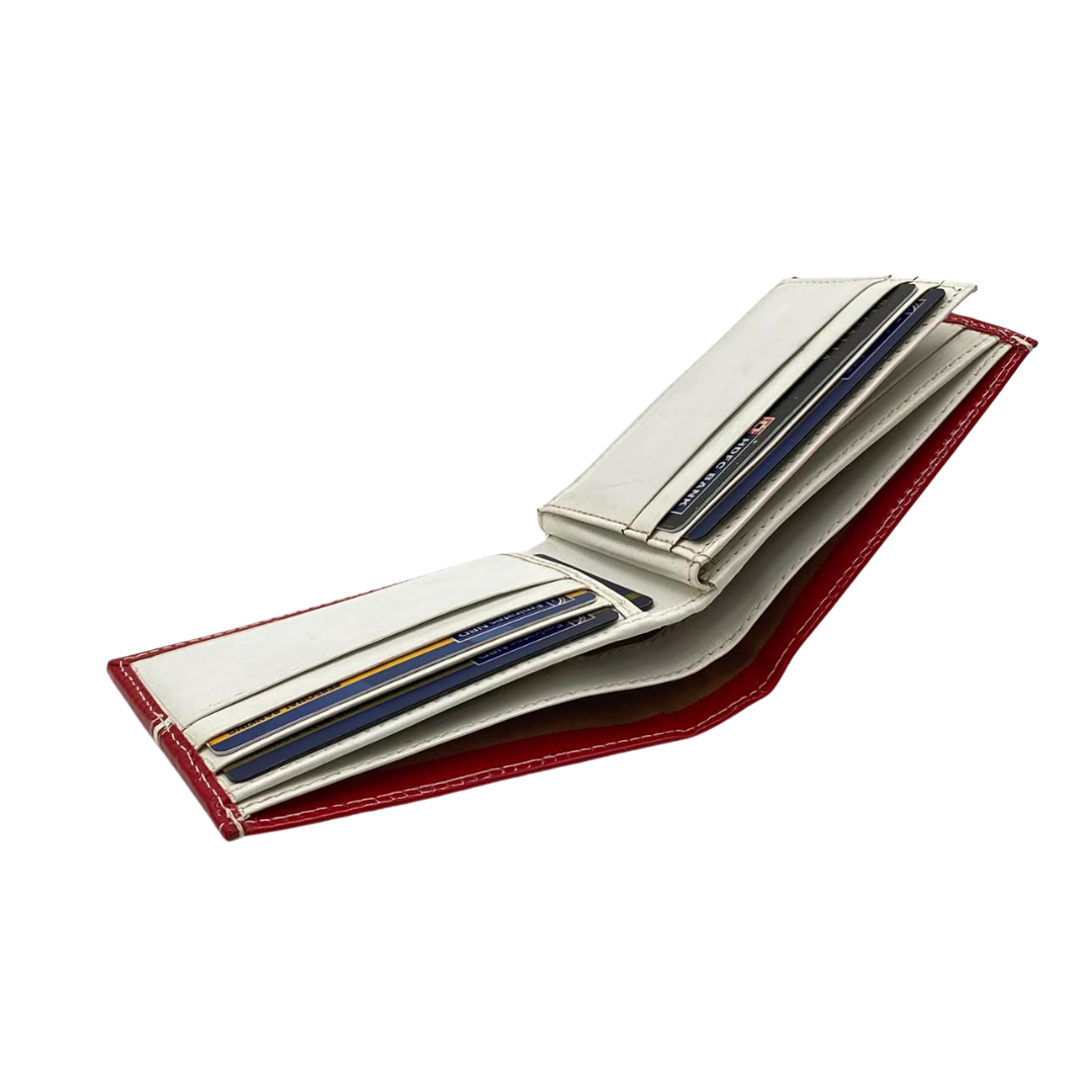 Men's Waterproof Bifold Leather Wallet with ID Window & Card Slots (White & Red Edition) #1728 [C.L.]