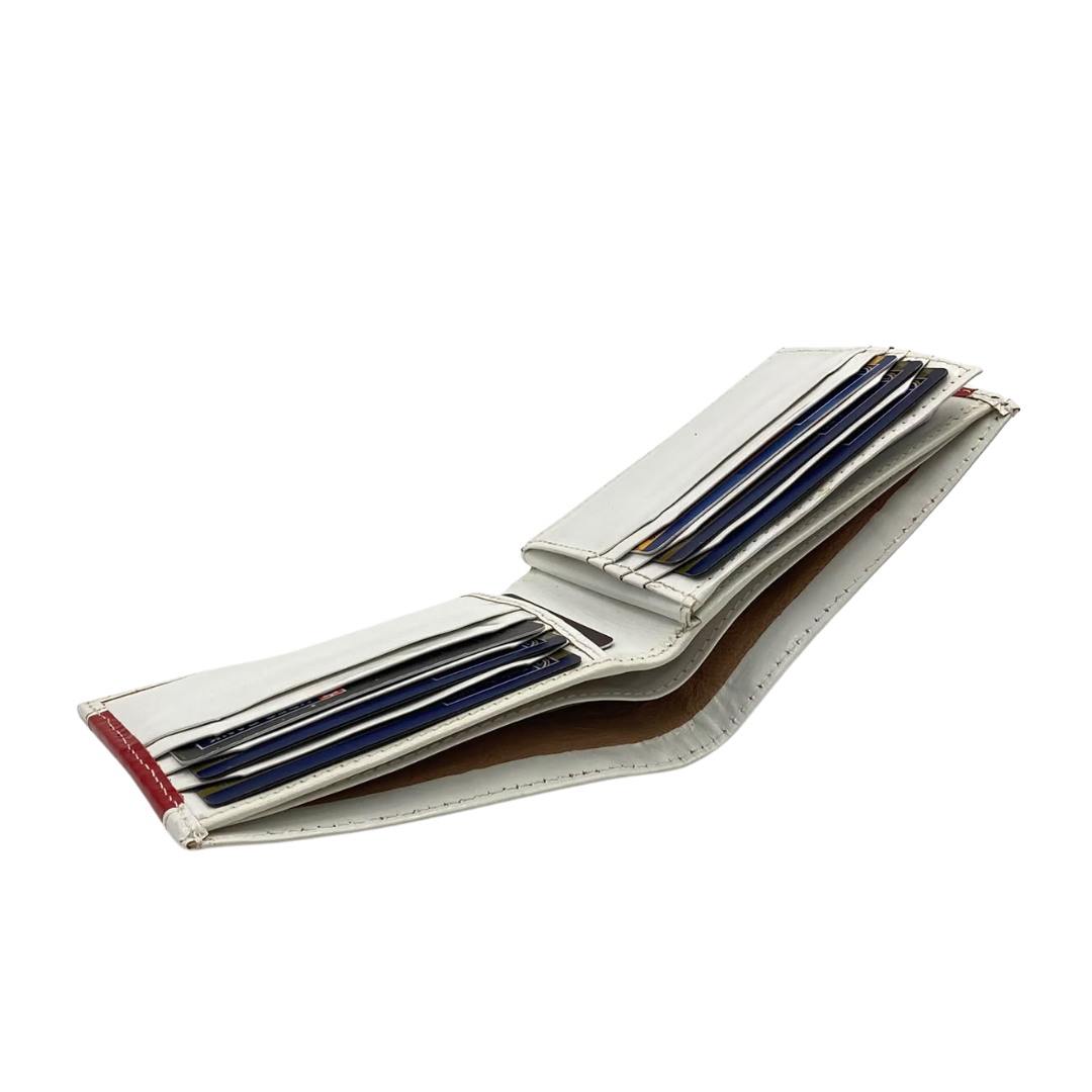 Men's Waterproof Bifold Leather Wallet with ID Window & Card Slots (White & Red Edition) #803 [PATTI]