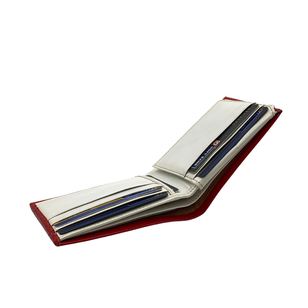 Men's Waterproof Bifold Leather Wallet with ID Window & Card Slots (White & Red Edition) #1020B [D.L.]