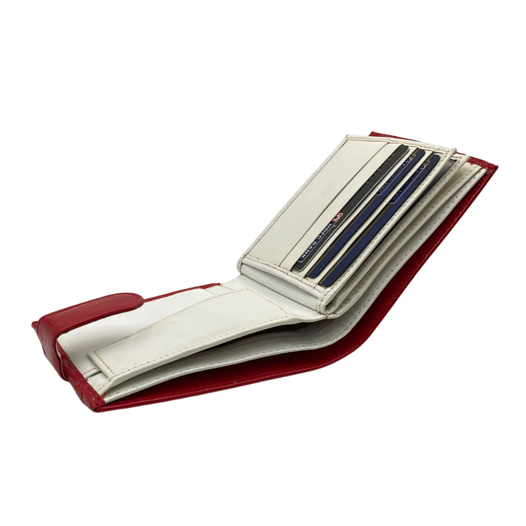 Men's Waterproof Bifold Leather Wallet with ID Window & Card Slots (White & Red Edition) #983CL [D.L.]