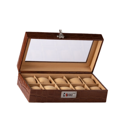 10 Slot Genuine Leather Premium Watch Box Glass Top